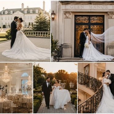 Elegant wedding couple at Glen Manor with classic decor and sunset moments.