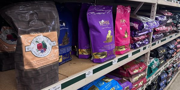 Shelves stocked with various bags of dog or cat food.