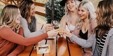 a group of ladies sitting around a picnic table smiling and drinking wine