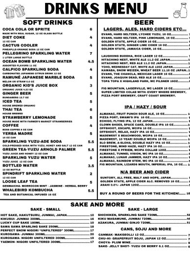 Black and white drinks menu featuring soft drinks, beer, sake, and more.
