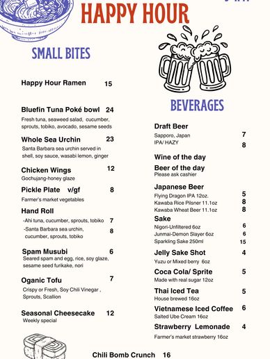 Happy hour menu featuring ramen, poke bowl, drinks, and appetizers.