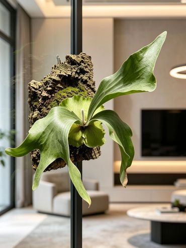 A mounted staghorn fern with large green fronds in a modern living room.