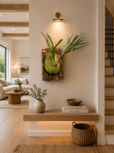 Minimalist entryway with floating wooden shelf and wall-mounted plant.