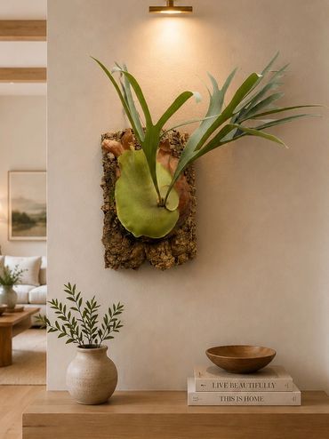 Wall-mounted plant on wood with vase and books on table.