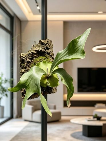 A mounted staghorn fern displayed indoors on bark.