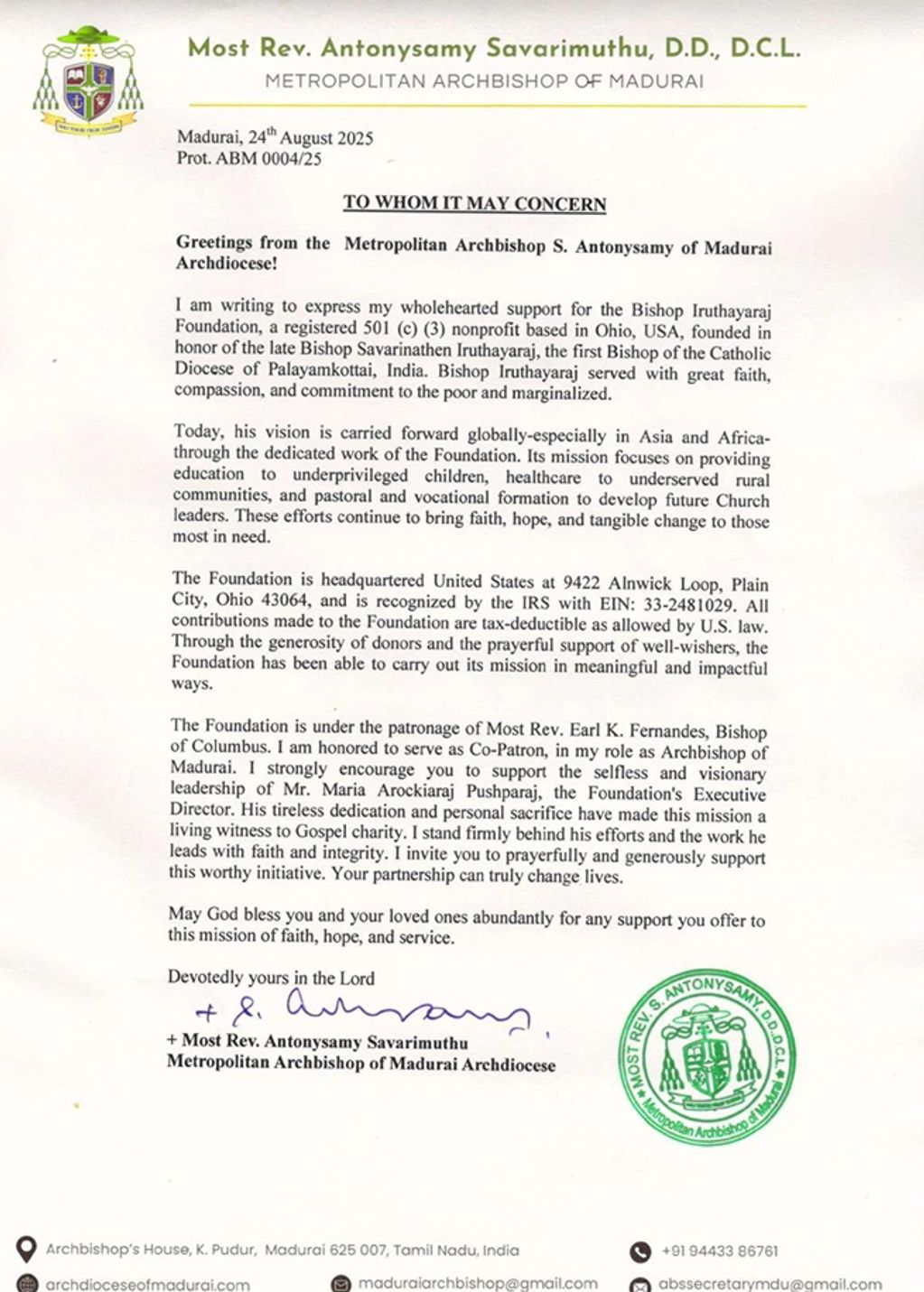 Endoresment from Most Rev Antonysamy Savarimuthu Archbishop of Madurai