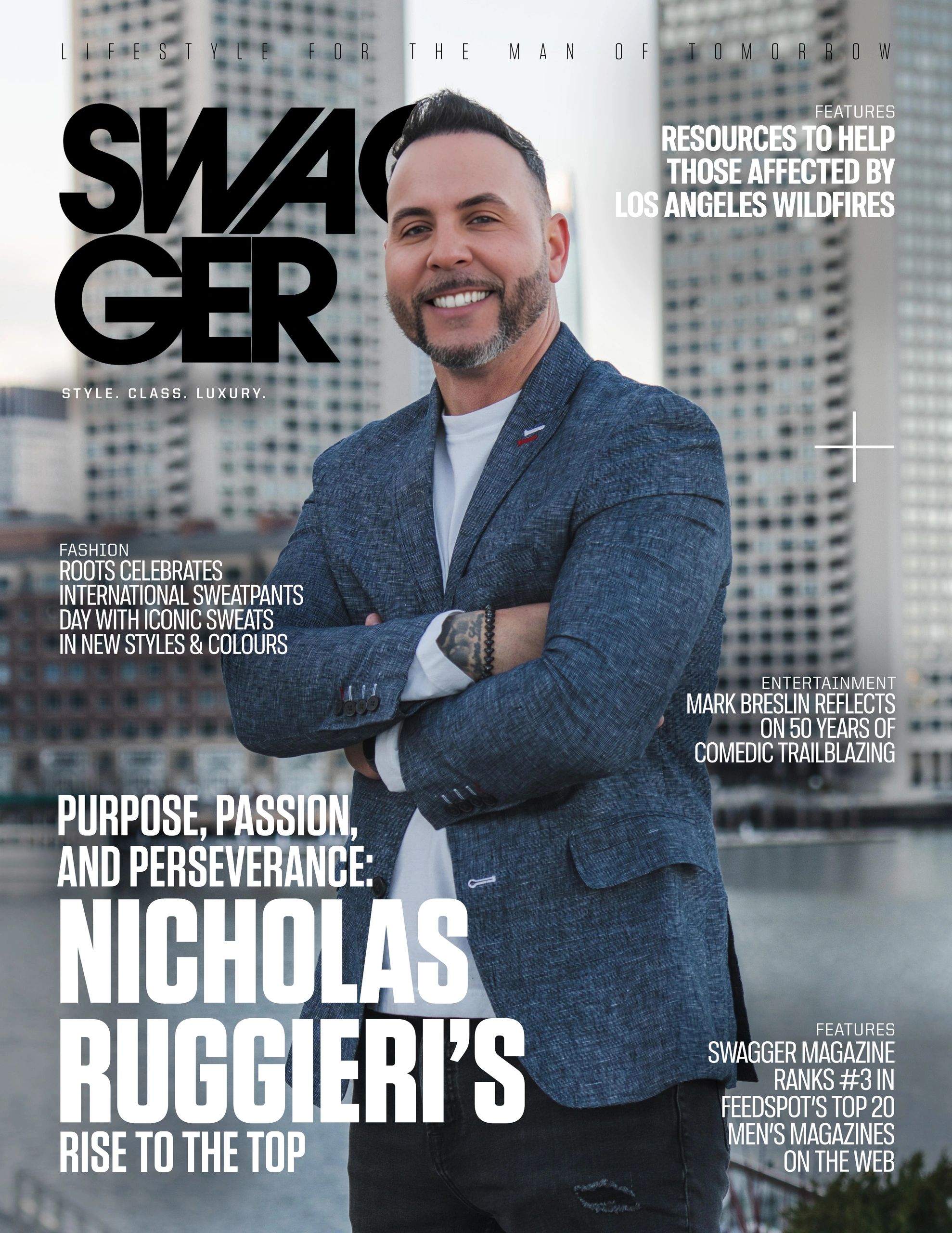 Swagger magazine cover showcasing Nicholas Ruggieri in a blazer, smiling with a cityscape behind