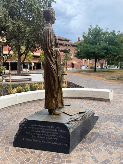Fay Gale Sculpture University of Adelaide with hand-carved stone base by A.R.C Stonemasonry