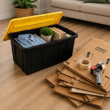 Packing supplies with a black bin, clothes, and cardboard boxes in a living room.