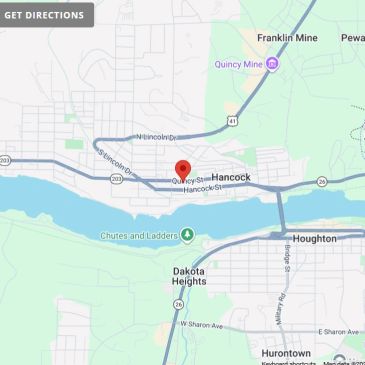 Map showing Quincy and Houghton, Michigan area.
