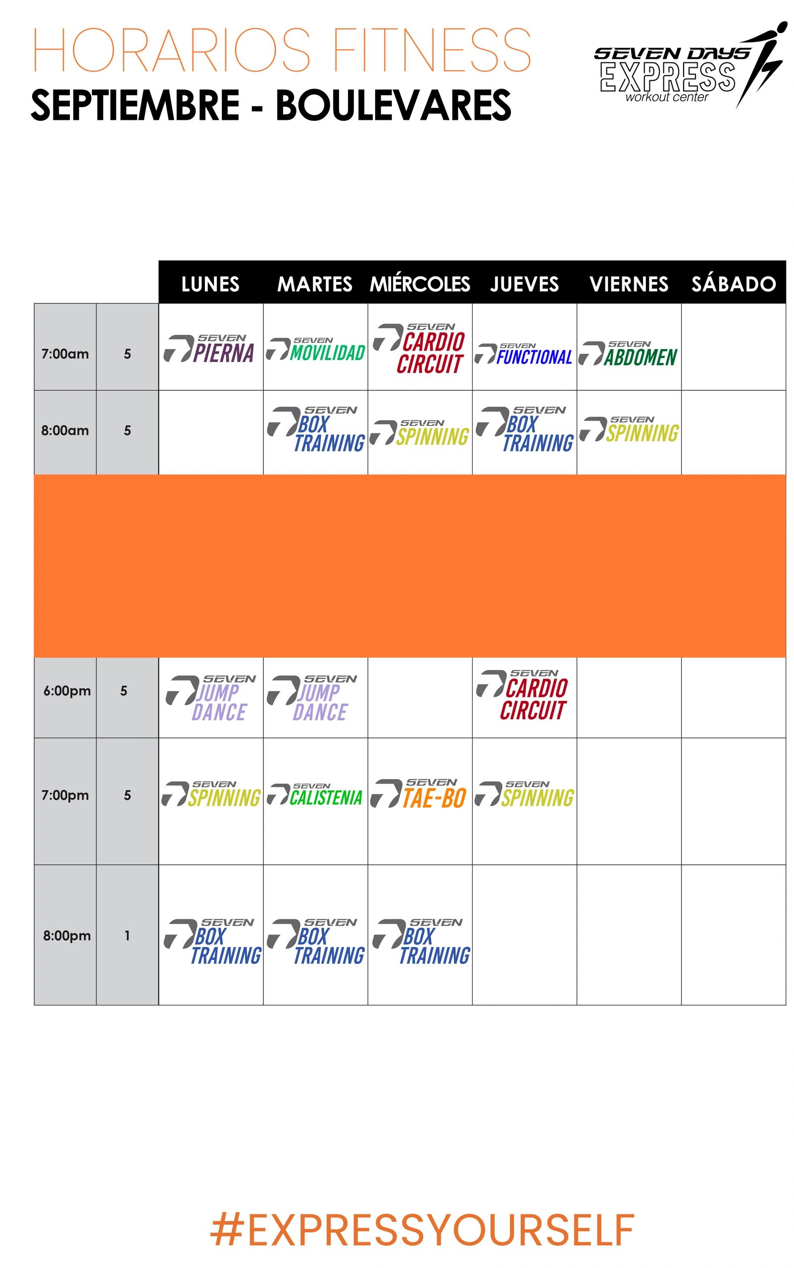 Horario de clases fitness en Seven Days Express para septiembre en Boulevares.