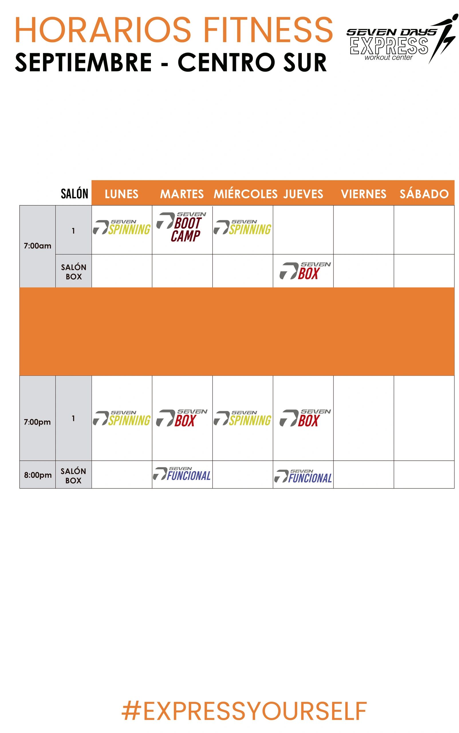 Horario fitness de septiembre en Centro Sur con clases de spinning, bootcamp, box y funcional.