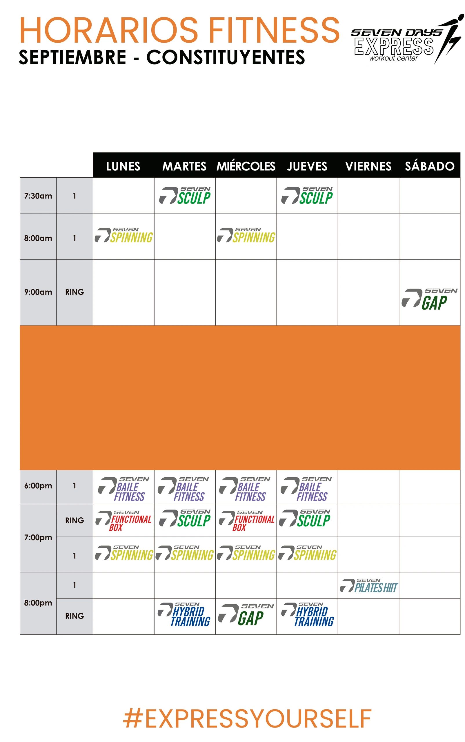 Horario fitness semanal de clases en Seven Days Express Constituyentes.