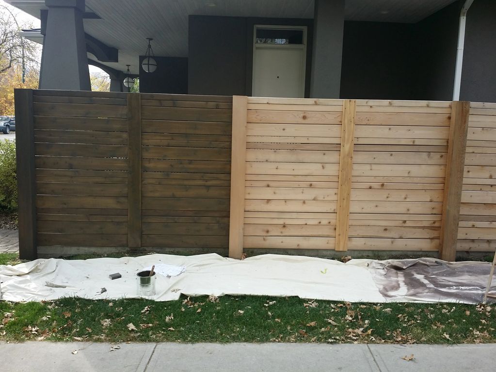 Brand-new horizontal wood fence: one coat of stain on the left and unstained wood on the right.