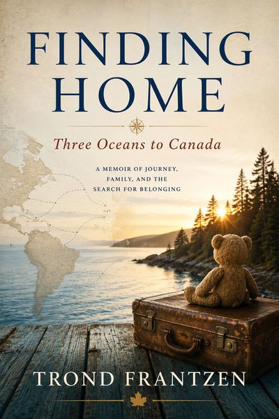 Book cover of 'Finding Home' by Trond Frantzen with a teddy bear and suitcase by water.