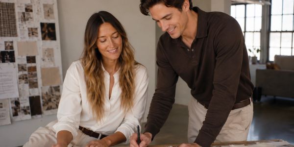 Two people collaborating on a project at a workspace.