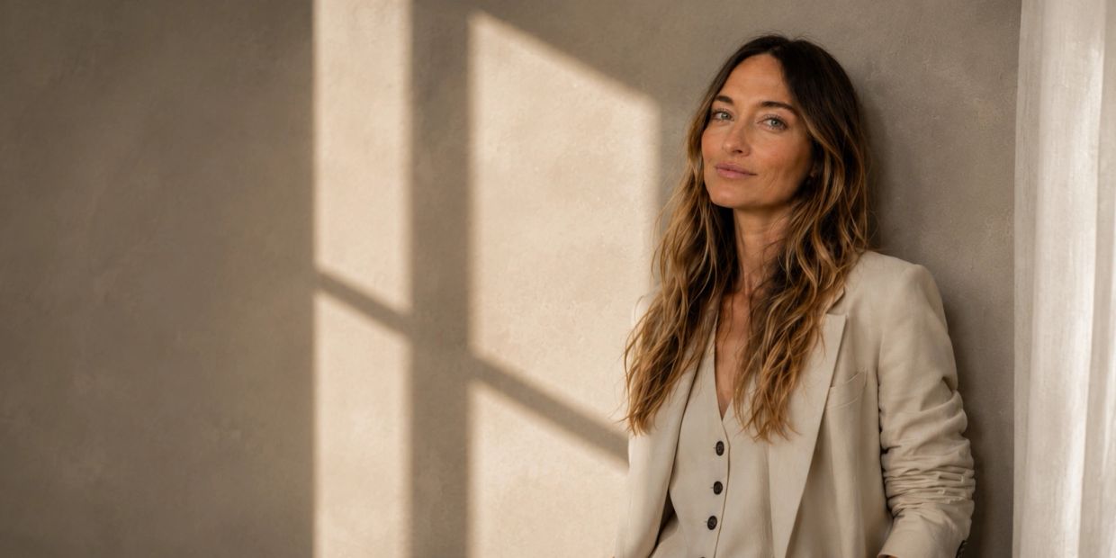 A confident woman in a beige suit leans against a wall with soft sunlight.