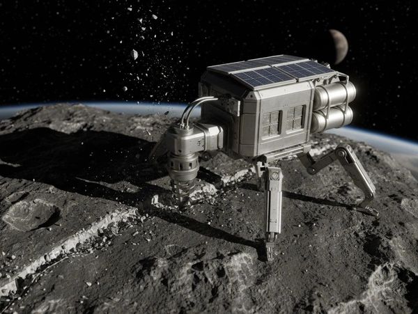 A robotic lander drills into an asteroid's surface with Earth and the moon in the background.