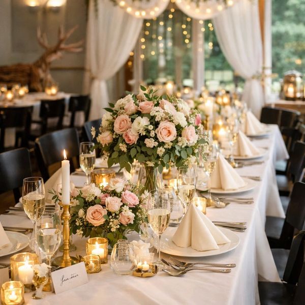 Elegant wedding table setup with roses, candles, and fine glassware.