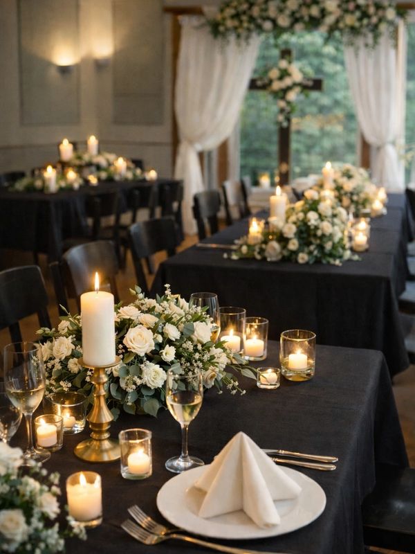 Elegant black tablecloths with white floral centerpieces and candles for a sophisticated event.