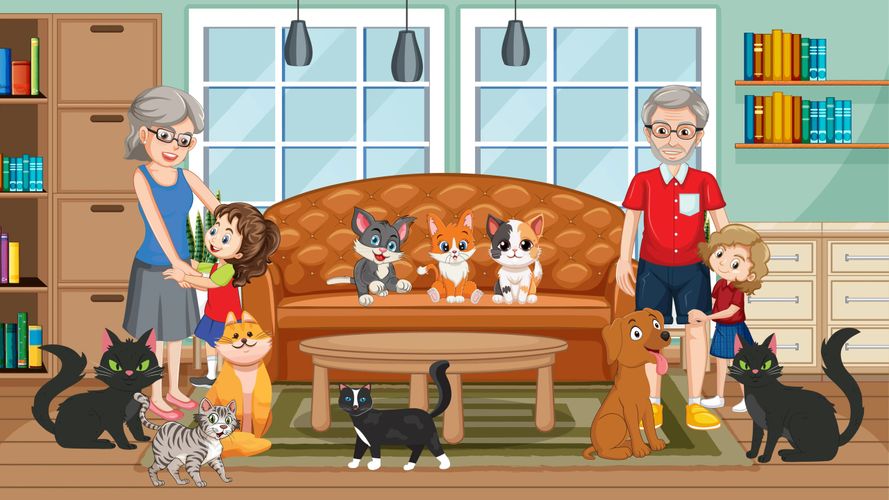 Grandparents with grandchildren and many cats in a cozy living room.