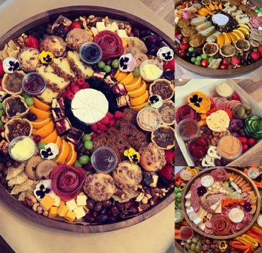 Four beautifully arranged charcuterie boards with diverse cheeses, fruits, meats, and dips.