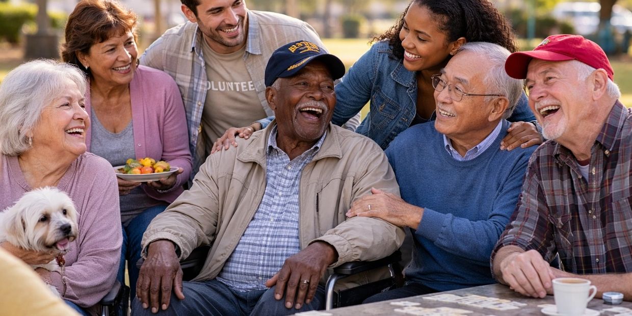 A joyful group of diverse seniors and volunteers sharing laughter outdoors.