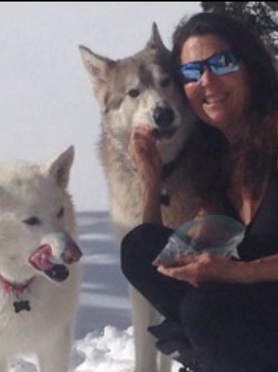 Woman with two husky dogs in the snow.