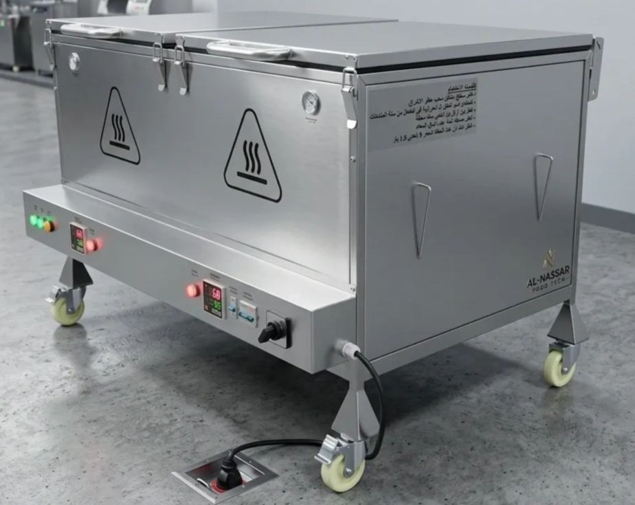 Stainless steel industrial food warmer on wheels with control panel.