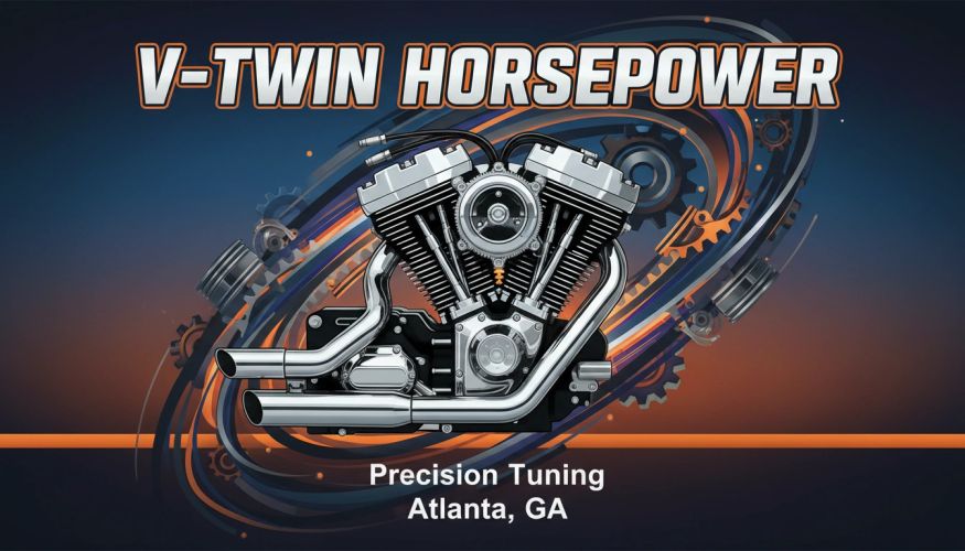 Illustration of a V-Twin motorcycle engine with tuning advertisement.