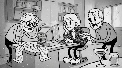 Three people puzzled over a long computer printout by a 1950s computer.