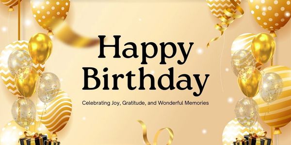 Elegant Happy Birthday greeting with gold balloons and gift boxes.