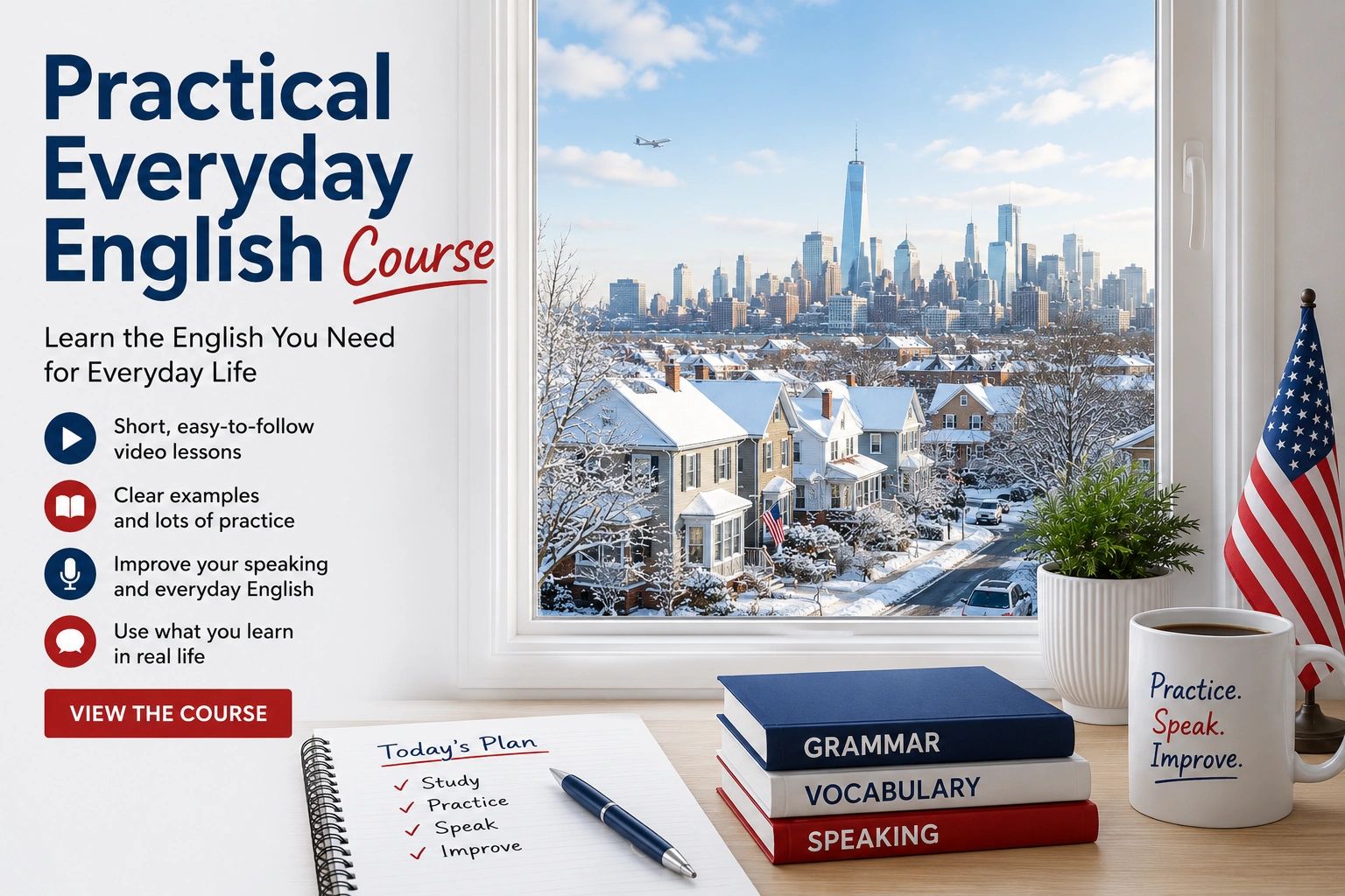 An English course ad with snowy city view, books, and a coffee mug.