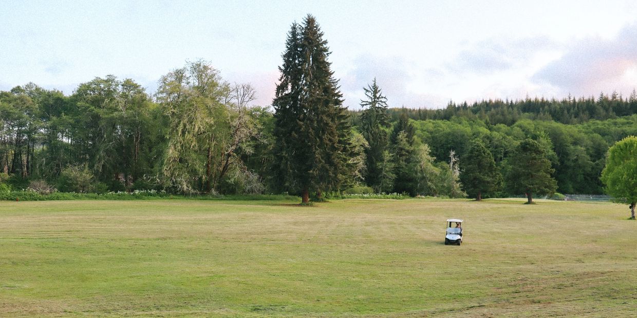 A golf cart driving through a clearing with a dense grouping of trees in the background.