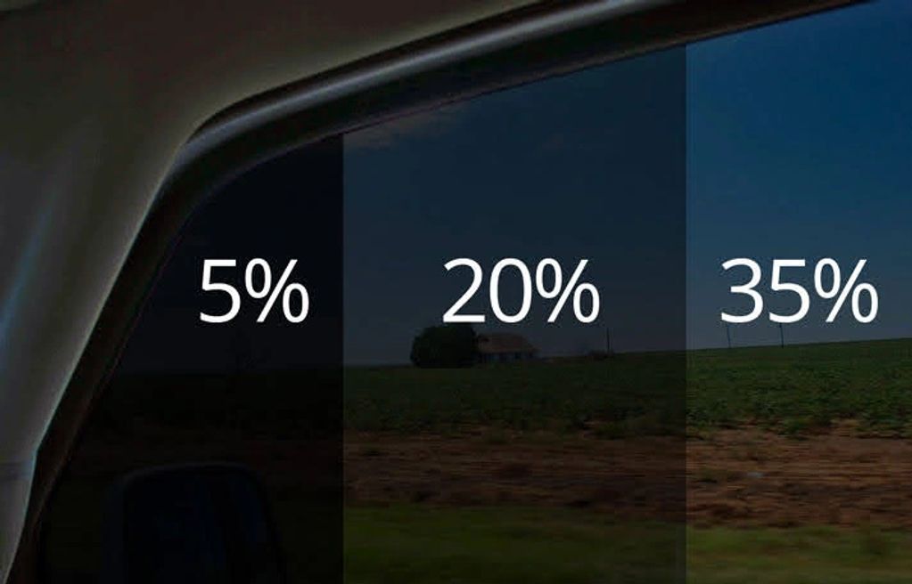 Window tint percentages displayed on car windows.