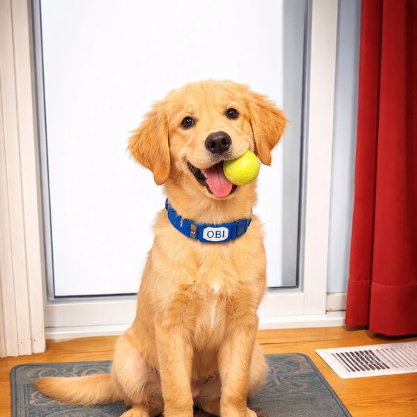 Golden retriever puppy with a tennis ball in its mouth, sitting on a rug.
