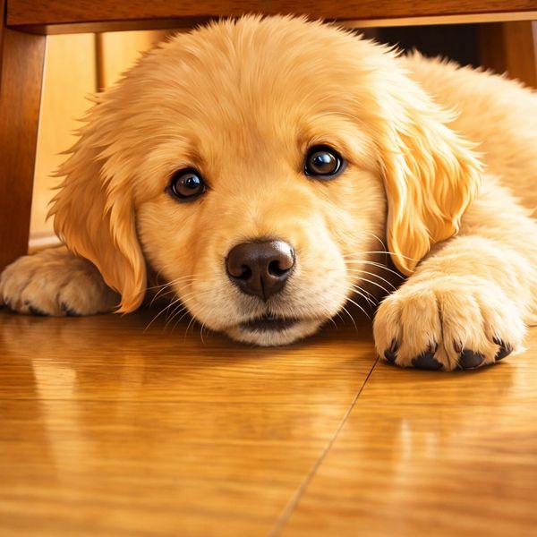 Golden retriever puppy lying under a wooden table looking curious.