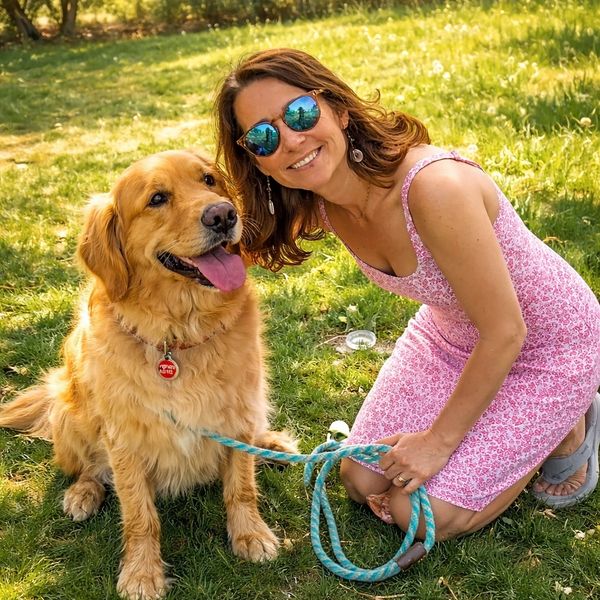 A woman in a pink dress kneeling beside a happy golden retriever outdoors.