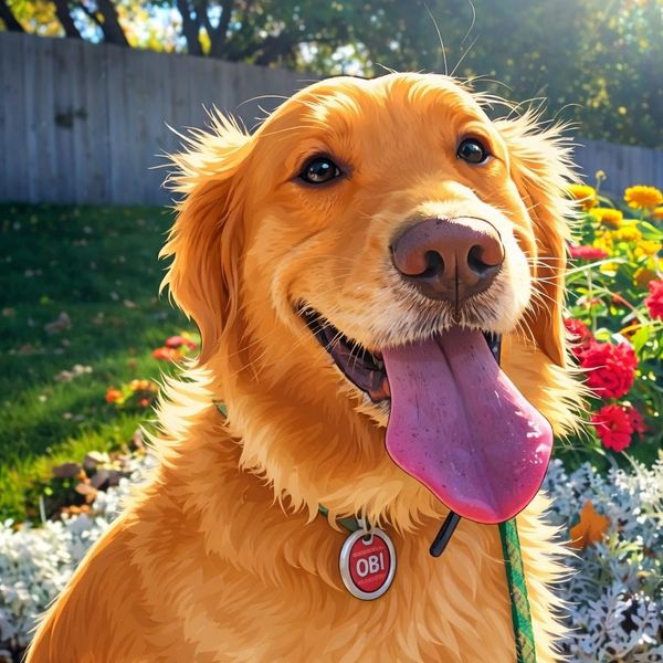Happy golden retriever with tongue out in a sunny garden.