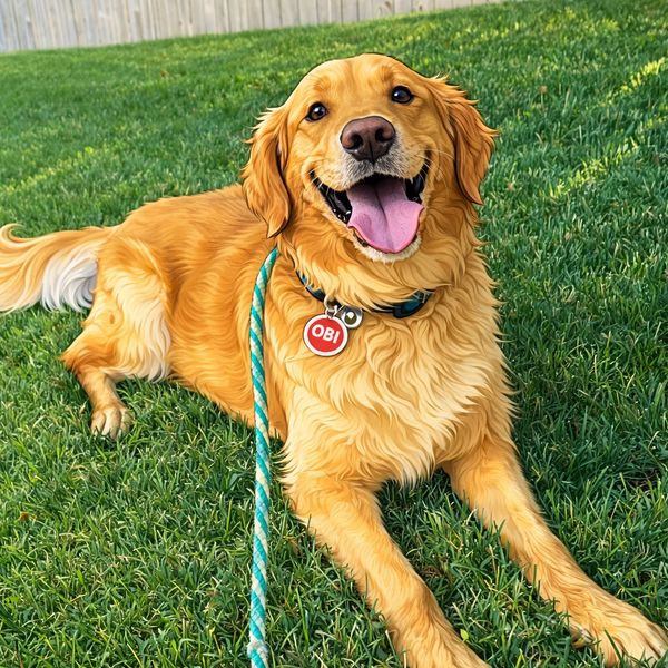 Happy golden retriever named Obi lying on green grass with a leash.