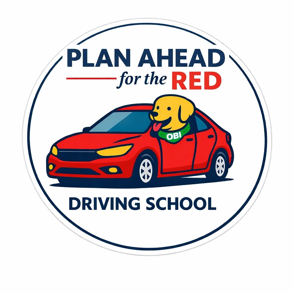 Logo of a driving school with a red car and a dog named Obi.