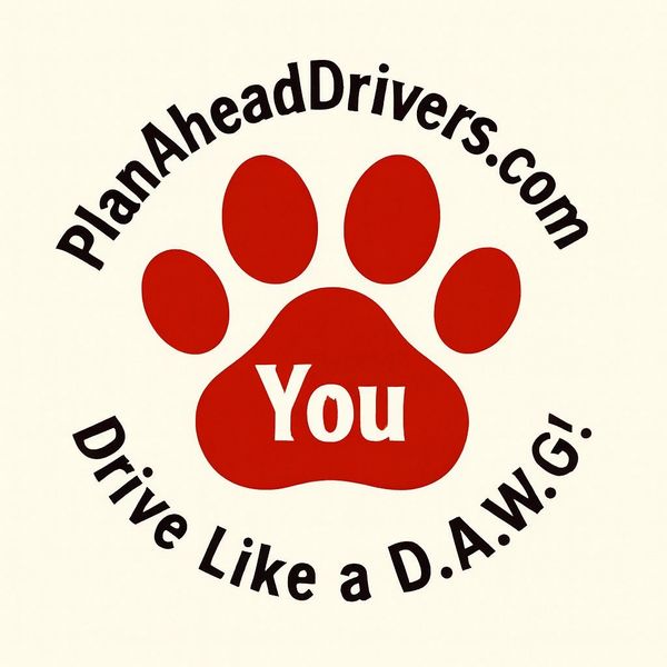 Logo with red paw print and driving slogan.