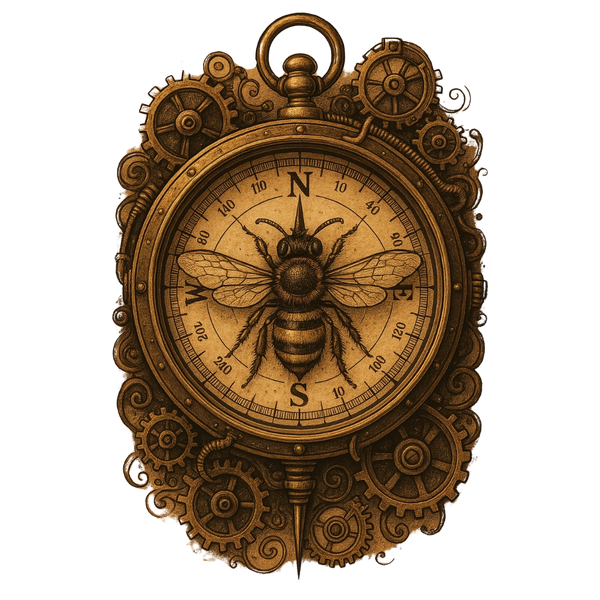 graphic of a steampunk style compass with a bee in the center