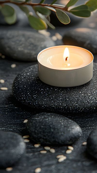 Lit candle on smooth black stones with green leaves.