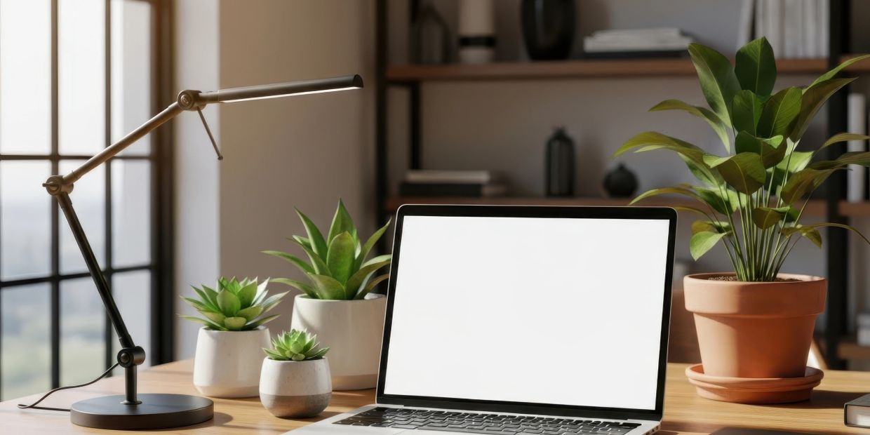 A clean workspace with a laptop and potted plants.