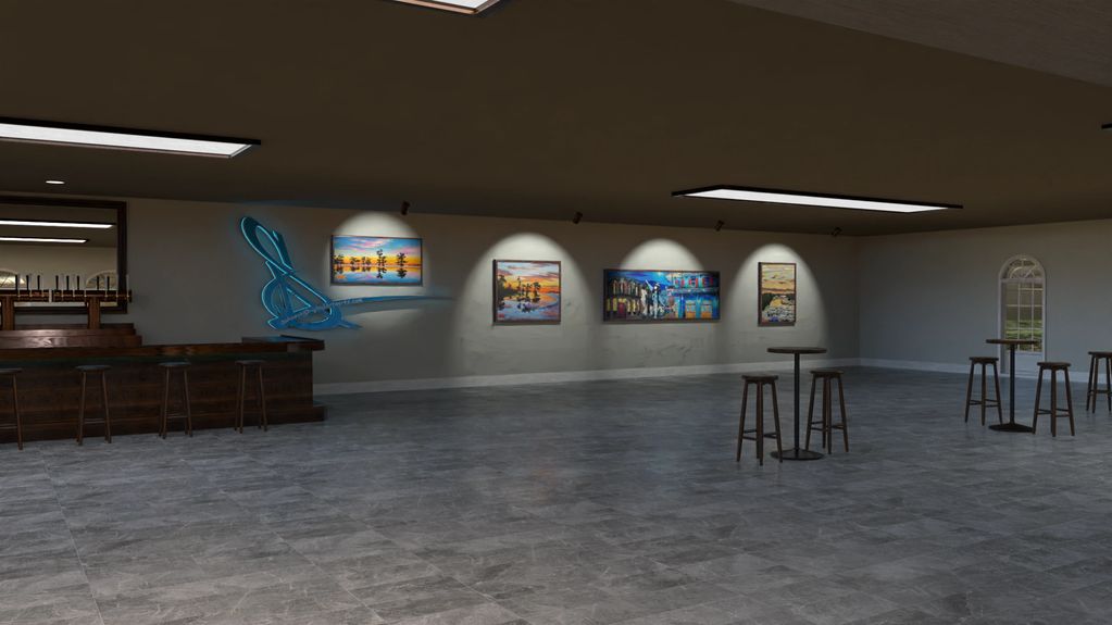 Modern bar area with stools, round tables, and colorful paintings illuminated on the wall.