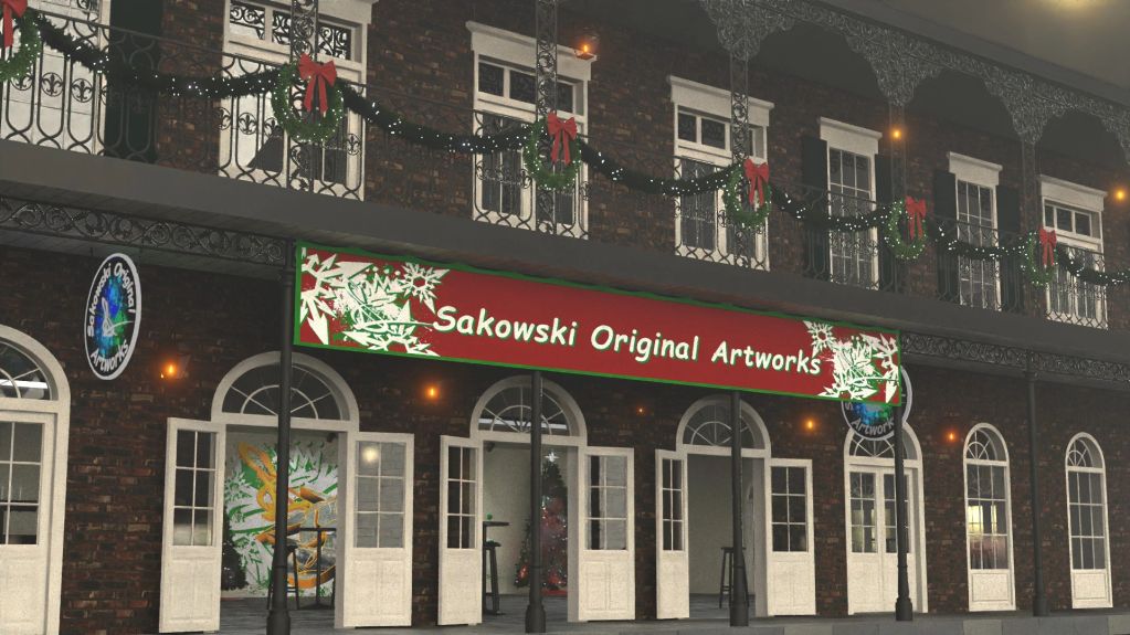 Art gallery decorated for Christmas with wreaths and lights.