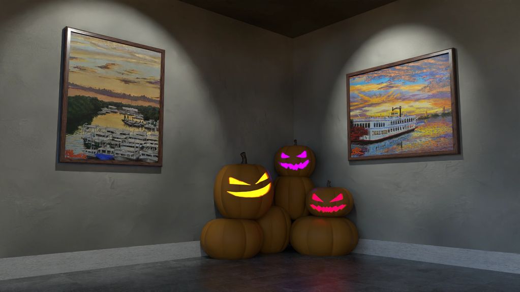 Glowing Jack-o'-lanterns with eerie faces in a dimly lit corner beneath framed paintings.