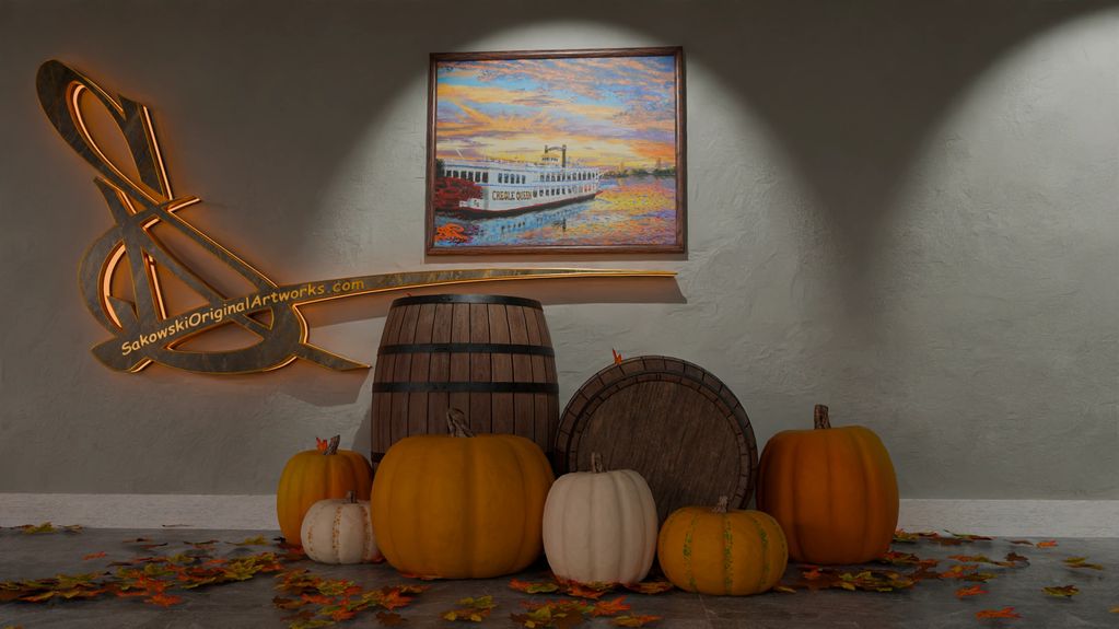 Autumn display with pumpkins, barrels, and a sunset painting on the wall.