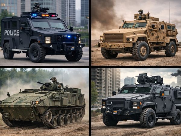 Four armored military and police vehicles in different environments.